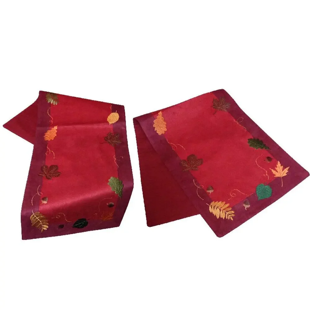 Fall Home Decor Table Runner Set of 2 Embroidered Leave Lined Microsuede 36